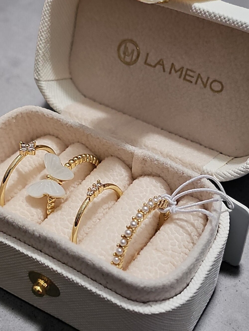 La Meno Nwt  Gold Stackable Ring Set with White Butterfly & Pearl Accents